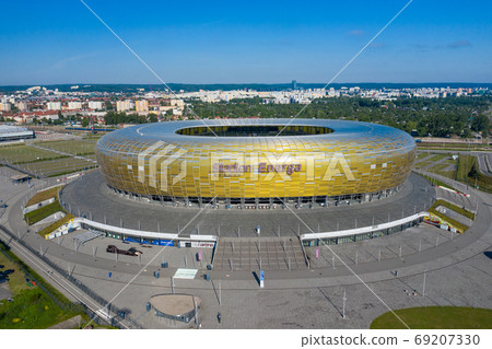 Aerial view of Stadium Energa, home stadium of local team Lechia Gdansk. Gdansk, Poland. Aerial view of Stadium Energa, home stadium of local team Lechia Gdansk. Gdansk, Poland. 69207330
