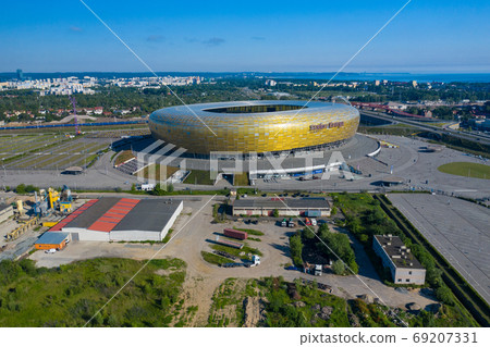 Aerial view of Stadium Energa, home stadium of local team Lechia Gdansk. Gdansk, Poland. Aerial view of Stadium Energa, home stadium of local team Lechia Gdansk. Gdansk, Poland. 69207331