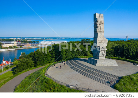 Aerial view of Westerplatte Monument in memory of the Polish defenders. Aerial view of Westerplatte Monument in memory of the Polish defenders. 69207353