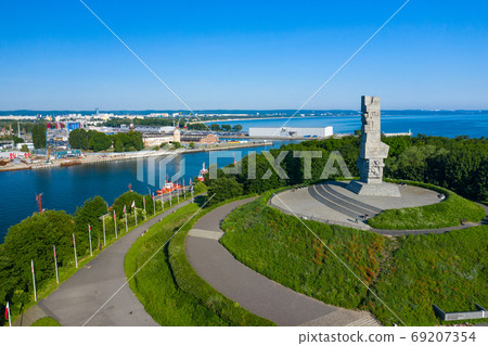 Aerial view of Westerplatte Monument in memory of the Polish defenders. Aerial view of Westerplatte Monument in memory of the Polish defenders. 69207354