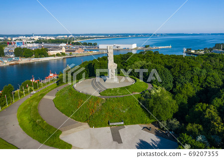 Aerial view of Westerplatte Monument in memory of the Polish defenders. Aerial view of Westerplatte Monument in memory of the Polish defenders. 69207355