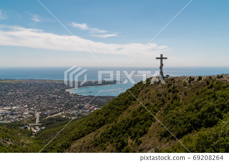Russia. Krasnodar region. High 43-meter Orthodox cross on the Markhotsky ridge with a view of The Gelendzhik Bay. 69208264