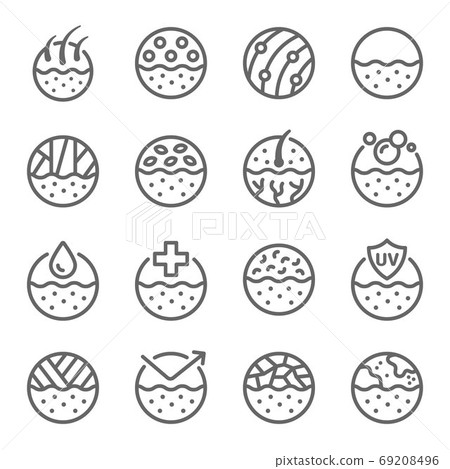 Skin dermatology icon illustration vector set. Contains such icon as Clean, Moistures, Cure, Dry skin, Rash, Epidermis, Skin layers and more. Expanded Stroke Skin dermatology icon illustration vector set. Contains such icon as Clean, Moistures, Cure, Dry skin, Rash, Epidermis, Skin layers and more. Expanded Stroke 69208496