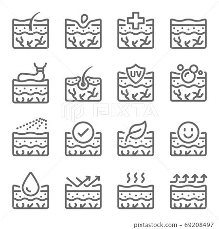 Skin dermatology icon illustration vector set. Contains such icon as Clean, Moistures, Cure, Dry skin, Rash, Epidermis, Skin layers and more. Expanded Stroke Skin dermatology icon illustration vector set. Contains such icon as Clean, Moistures, Cure, Dry skin, Rash, Epidermis, Skin layers and more. Expanded Stroke 69208497