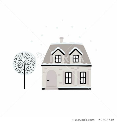 Cartoon Winter house. Vector image of a Christmas house and tree covered with snow. Cartoon Winter house. Vector image of a Christmas house and tree covered with snow. 69208736