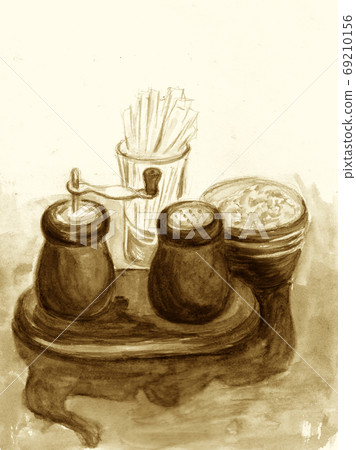 Salt and pepper shakers on table in cafe. Watercolor illustration. Hand-drawn sketch. Sepia, beige and brown monochrome colors 69210156