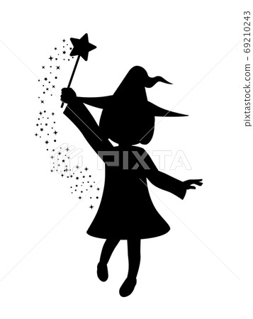使用魔法的女巫女孩的剪影插圖 使用魔法的女巫女孩的剪影插圖 69210243