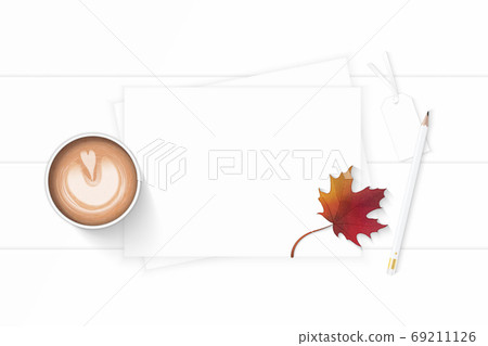 Flat lay top view elegant white Christmas composition paper penc 69211126