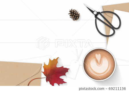 Flat lay top view elegant white composition letter kraft paper e Flat lay top view elegant white composition letter kraft paper e 69211136