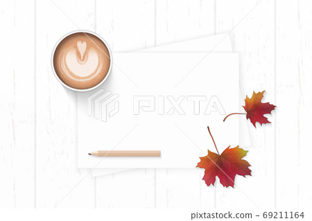 Flat lay top view elegant white composition paper autumn maple l Flat lay top view elegant white composition paper autumn maple l 69211164