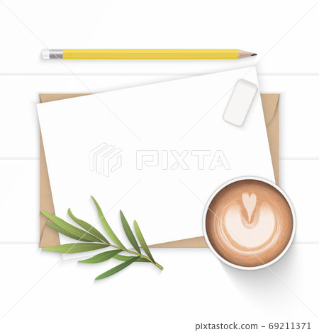 Flat lay top view elegant white composition paper kraft envelope 69211371