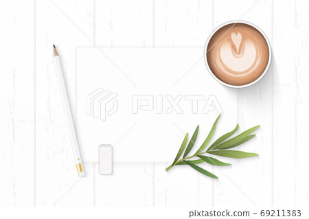 Flat lay top view elegant white composition paper pencil eraser Flat lay top view elegant white composition paper pencil eraser 69211383