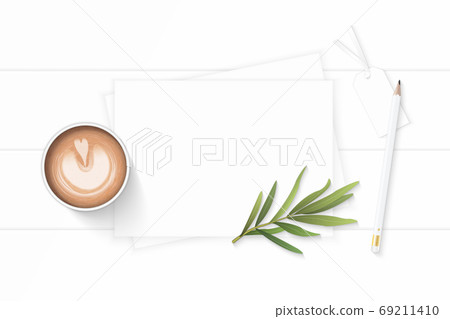 Flat lay top view elegant composition paper pencil tag coffee an Flat lay top view elegant composition paper pencil tag coffee an 69211410