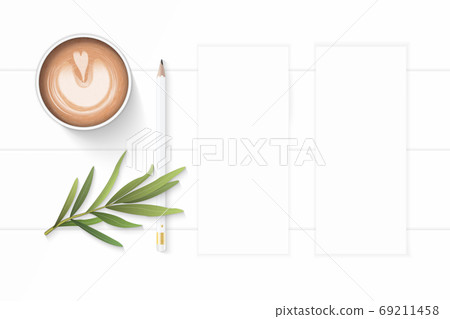 Flat lay top view elegant white composition paper pencil coffee Flat lay top view elegant white composition paper pencil coffee 69211458