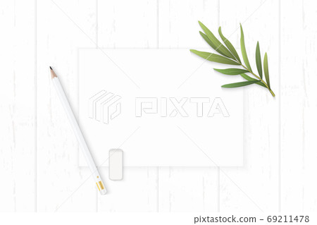 Flat lay top view elegant white composition paper pencil eraser Flat lay top view elegant white composition paper pencil eraser 69211478