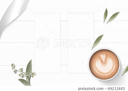 Flat lay top view elegant white composition paper flower leaf co Flat lay top view elegant white composition paper flower leaf co 69211683