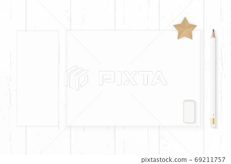 Flat lay top view elegant white composition paper pencil eraser Flat lay top view elegant white composition paper pencil eraser 69211757