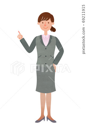 A young woman in a suit pointing with her hand... - Stock Illustration ...