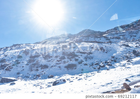 Sun on top of snow cover himalaya range. Frozen Rocky peak filled with deep snow Sun on top of snow cover himalaya range. Frozen Rocky peak filled with deep snow 69212117
