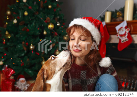 woman with dog in the room with Christmas decorations woman with dog in the room with Christmas decorations 69212174
