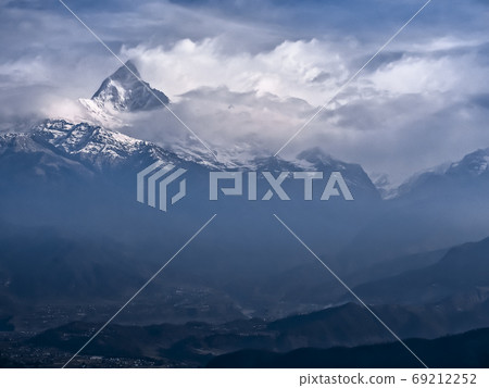 Famous Himalaya peak seen from Sarangkot Machapuchare, Nepal 69212252