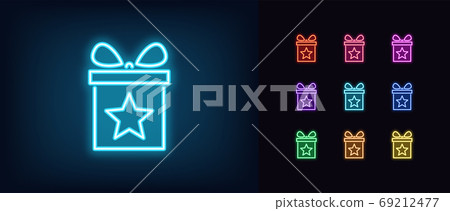 Neon gift box icon. Glowing neon present with star, magic gift Neon gift box icon. Glowing neon present with star, magic gift 69212477