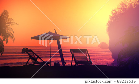 Orange sunset on an empty tropical beach. 69212539