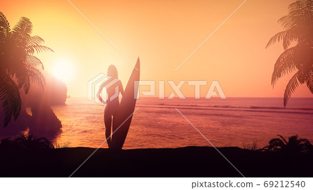 Girl surfer lit by the setting sun on a tropical beach. Girl surfer lit by the setting sun on a tropical beach. 69212540