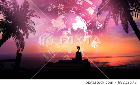 Lonely suitcase on a tropical sunset background and infographics. 69212578