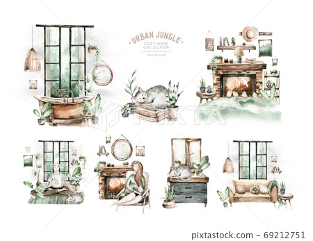 Watercolor trendy interior bohemian background with mid century modern furniture. Interior hugge Decor Scene. Cozy living room with houseplant, Urbun jungle Watercolor illustration. Housewarming print Watercolor trendy interior bohemian background with mid century modern furniture. Interior hugge Decor Scene. Cozy living room with houseplant, Urbun jungle Watercolor illustration. Housewarming print 69212751