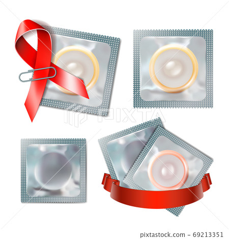 Red awareness ribbon with condom. Safe sex concept. Symbol of world contraception day or world AIDS day 69213351