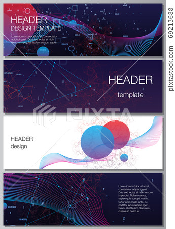 Vector layout of headers, banner templates for website footer design, horizontal flyer design, website header. Artificial intelligence, big data visualization. Quantum computer technology concept. 69213688