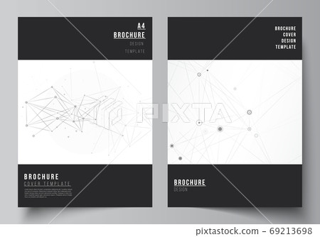 Vector layout of A4 cover mockups templates for brochure, flyer layout, booklet, cover design, book design, brochure cover. Gray technology background with connecting lines and dots. Network concept. 69213698