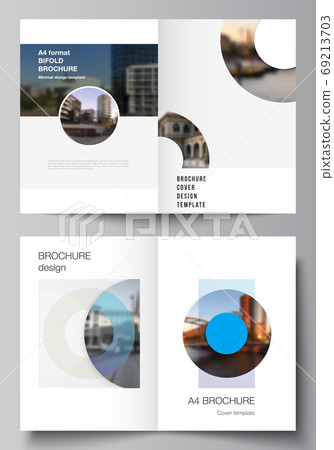 Vector layout of two A4 cover mockups templates for bifold brochure, flyer, magazine, cover design, book design. Background template with rounds, circles for IT, technology. Minimal style. Vector layout of two A4 cover mockups templates for bifold brochure, flyer, magazine, cover design, book design. Background template with rounds, circles for IT, technology. Minimal style. 69213703