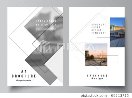 Vector layout of A4 format cover mockups design templates with geometric simple shapes, lines and photo place for brochure, flyer layout, booklet, cover design, book, brochure cover. 69213715