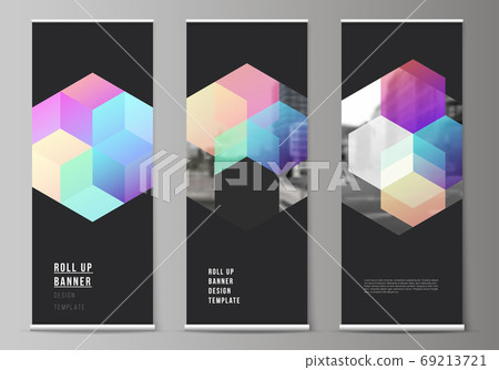 Vector layout of roll up mockup design templates with colorful hexagons, geometric shapes, tech background for vertical flyers, flags design templates, banner stands, advertising design mockups. Vector layout of roll up mockup design templates with colorful hexagons, geometric shapes, tech background for vertical flyers, flags design templates, banner stands, advertising design mockups. 69213721