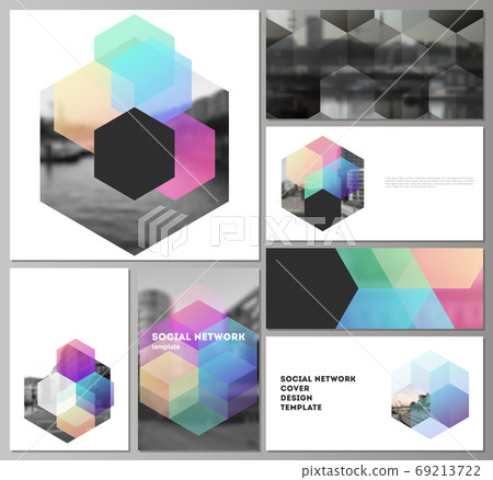 Vector layouts of modern social network mockups in popular formats with colorful hexagons, geometric shapes, tech background for cover design, website design, website background or advertising mockups 69213722
