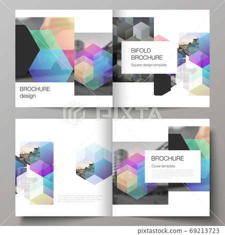 Vector layout of two covers templates with colorful hexagons, geometric shapes, tech background for square design bifold brochure, flyer, magazine, cover design, book design, brochure cover. 69213723