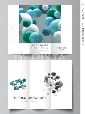 Vector layouts of covers design templates for trifold brochure, flyer layout, book design, brochure cover, advertising. Abstract futuristic background with colorful 3d spheres, glossy bubbles, balls. Vector layouts of covers design templates for trifold brochure, flyer layout, book design, brochure cover, advertising. Abstract futuristic background with colorful 3d spheres, glossy bubbles, balls. 69213727