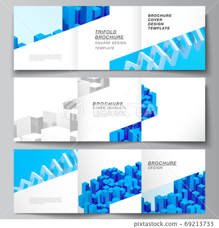 Vector layout of square covers design templates for trifold brochure, flyer, magazine, cover design, book design. 3d render vector composition with dynamic realistic geometric blue shapes in motion. Vector layout of square covers design templates for trifold brochure, flyer, magazine, cover design, book design. 3d render vector composition with dynamic realistic geometric blue shapes in motion. 69213733