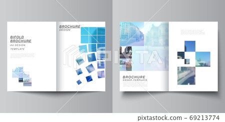 Vector layout of two A4 format cover mockups templates for bifold brochure, flyer, magazine, cover design, book design, brochure cover. Abstract design project in geometric style with blue squares 69213774