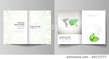 Vector layout of two A4 format cover mockups design templates for bifold brochure, flyer, cover design, book design, brochure cover. Save Earth planet concept. Sustainable development global concept. 69213777