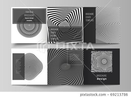 Minimal vector editable layout of square format covers design templates for trifold brochure, flyer, magazine. Abstract 3D geometrical background with optical illusion black and white design pattern. Minimal vector editable layout of square format covers design templates for trifold brochure, flyer, magazine. Abstract 3D geometrical background with optical illusion black and white design pattern. 69213786