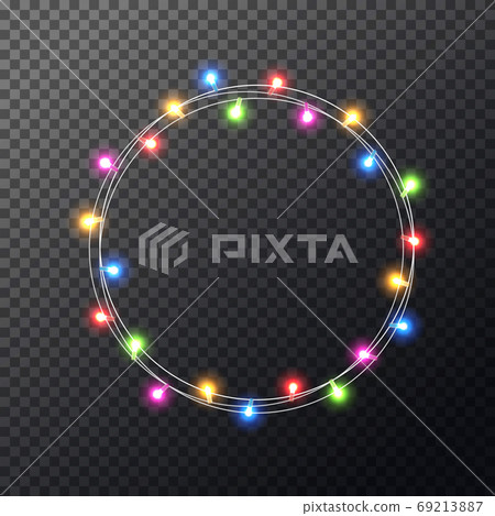 Christmas color lights wreath. Glowing colorful xmas garland. Merry Christmas luxury frame. Holiday design for greeting card, banner, poster, invitation. Vector illustration Christmas color lights wreath. Glowing colorful xmas garland. Merry Christmas luxury frame. Holiday design for greeting card, banner, poster, invitation. Vector illustration 69213887