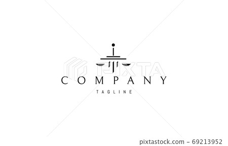 Vector logo on which an abstract image of the scales of justice and a sword in the form of a Greek column. Vector logo on which an abstract image of the scales of justice and a sword in the form of a Greek column. 69213952