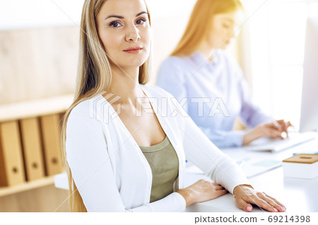 Business woman portrait at sunny office. Businesspeople or colleagues discussing something at meeting while sitting at the desk in office. Casual clothes style. Audit, tax or lawyer concept 69214398