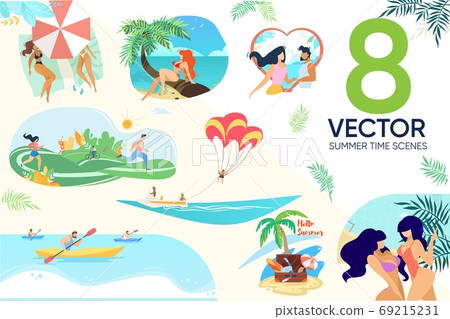 People Rest on Beach in Park Summer Time Scene Set 69215231