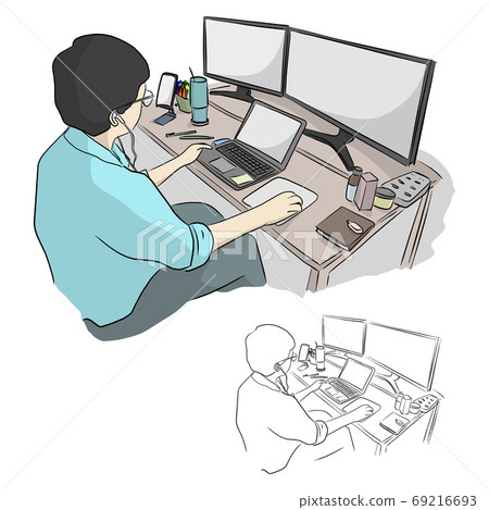 businessman working on desktop computer and laptop notebook vect 69216693
