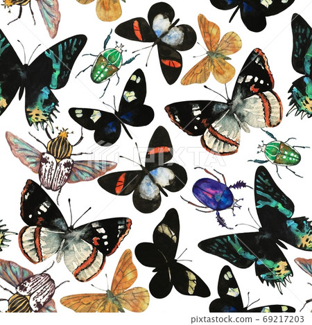 Watercolor seamless pattern with amazing tropical exotic butterflies and beetles.  69217203