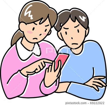 Men and women looking at smartphones with disgruntled faces 69222822
